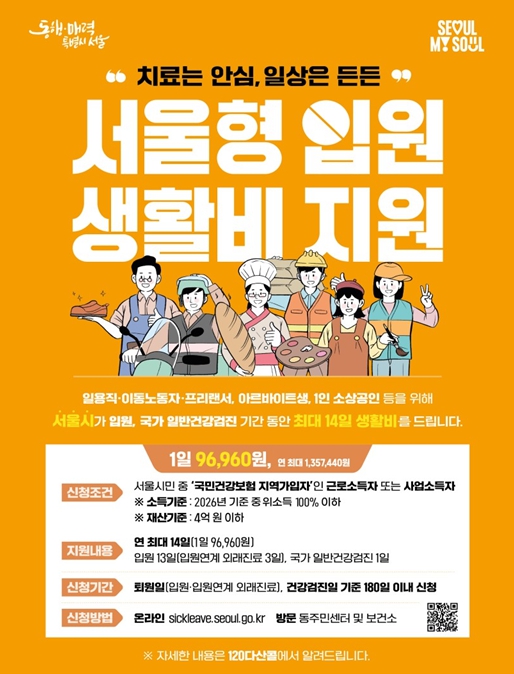 서울시, '일하는 시민' 병원 갈 때 '생계 걱정' 던다… 서울형 입원생활비 지원 확대 기사 이미지