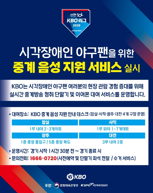 2026 KBO 리그 시각장애인 현장 관람객 대상 중계 음성 지원 서비스 확대 기사 이미지
