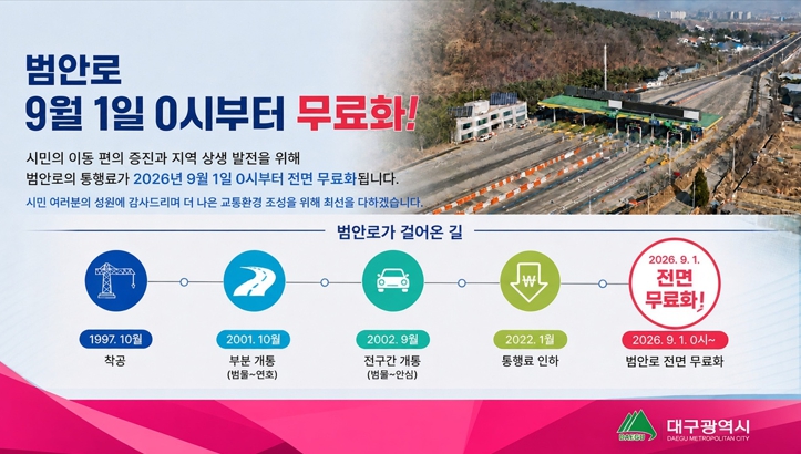 대구시, 범안로 통행료 역사 속으로… 9월 1일부터 무료로 달린다 기사 이미지